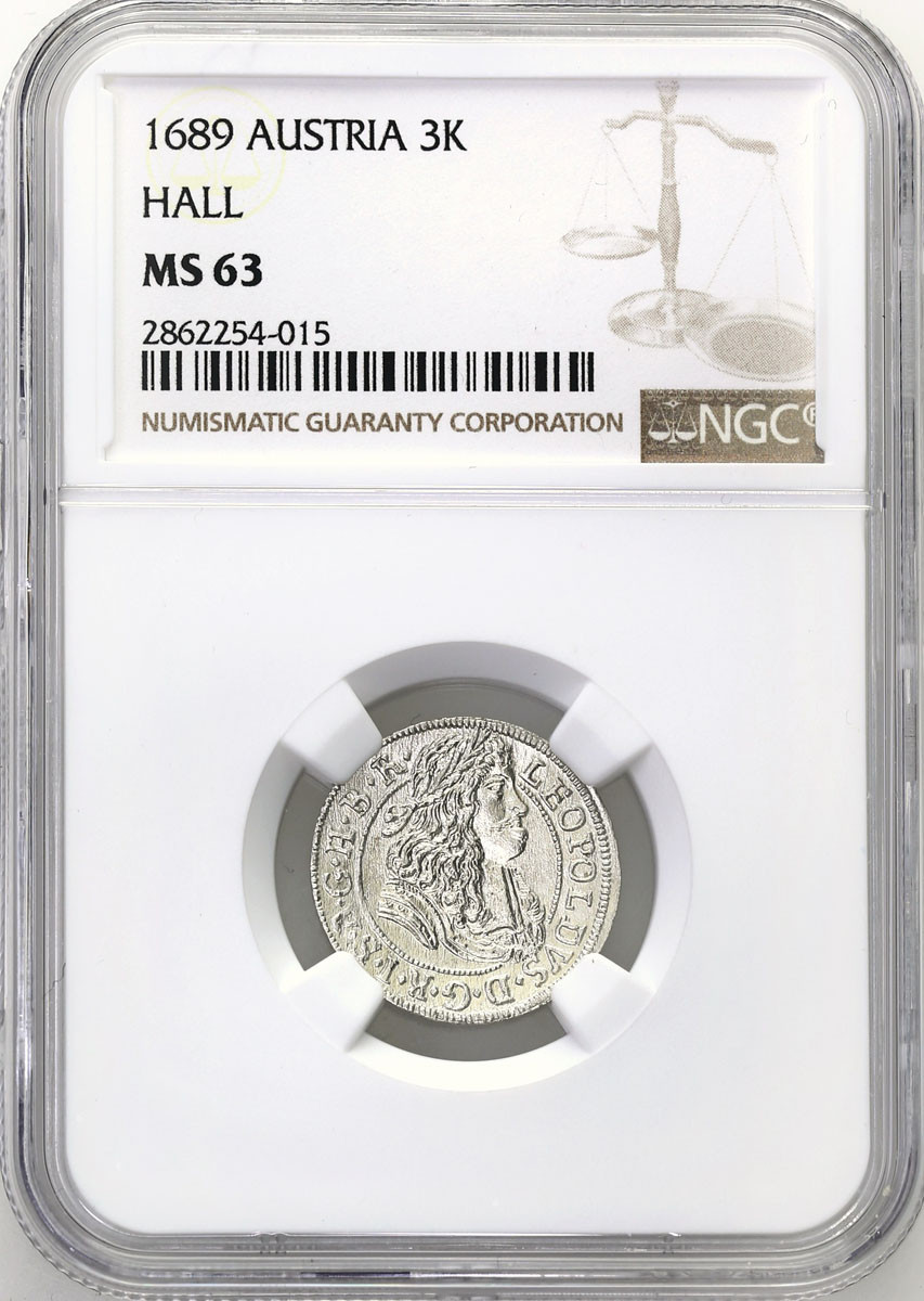 Austria, Leopold I (1658-1705). 3 krajcary 1689, Hall NGC MS63 – PIĘKNE